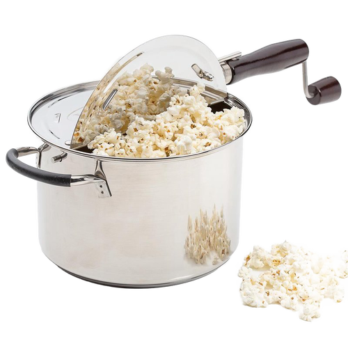 Stainless steel stovetop popcorn popper with a wooden-handled crank and vented lid, filled with freshly popped popcorn, ideal for Kitchen & Food, Cookware, Pots and Pans, Popcorn, and Best Sellers collections.