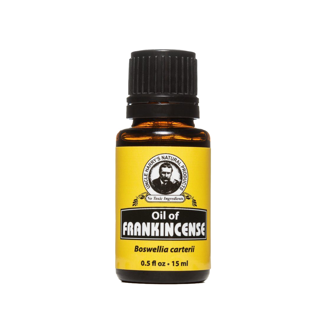 Amber glass bottle of pure frankincense oil with black cap and yellow label, featuring natural ingredients and made in USA, ideal for health remedies and wellness collections.