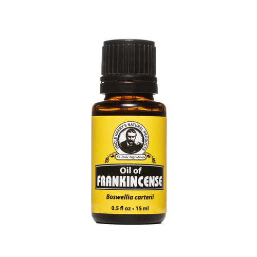 Amber glass bottle of pure frankincense oil with black cap and yellow label, featuring natural ingredients and made in USA, ideal for health remedies and wellness collections.