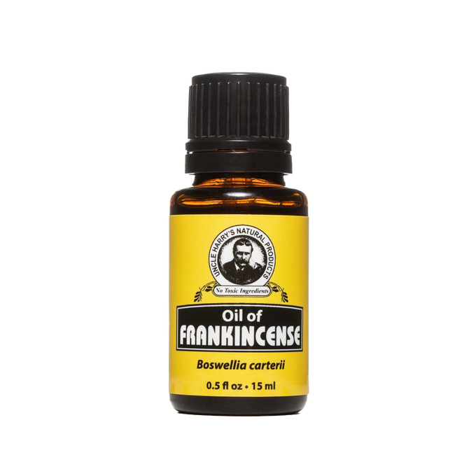Amber glass bottle of pure frankincense oil with black cap and yellow label, featuring natural ingredients and made in USA, ideal for health remedies and wellness collections.