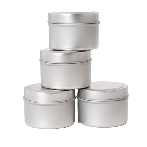 Set of four handcrafted matte silver metal candle tins with removable lids, designed for use in lamps & lighting, candlemaking supplies, best sellers, and promo eligible collections.