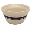 Cream-colored stoneware mixing bowl with blue and black stripes, sturdy and handcrafted in the USA, ideal for Kitchen & Food, Cookware, Baking Supplies, and Storage collections.
