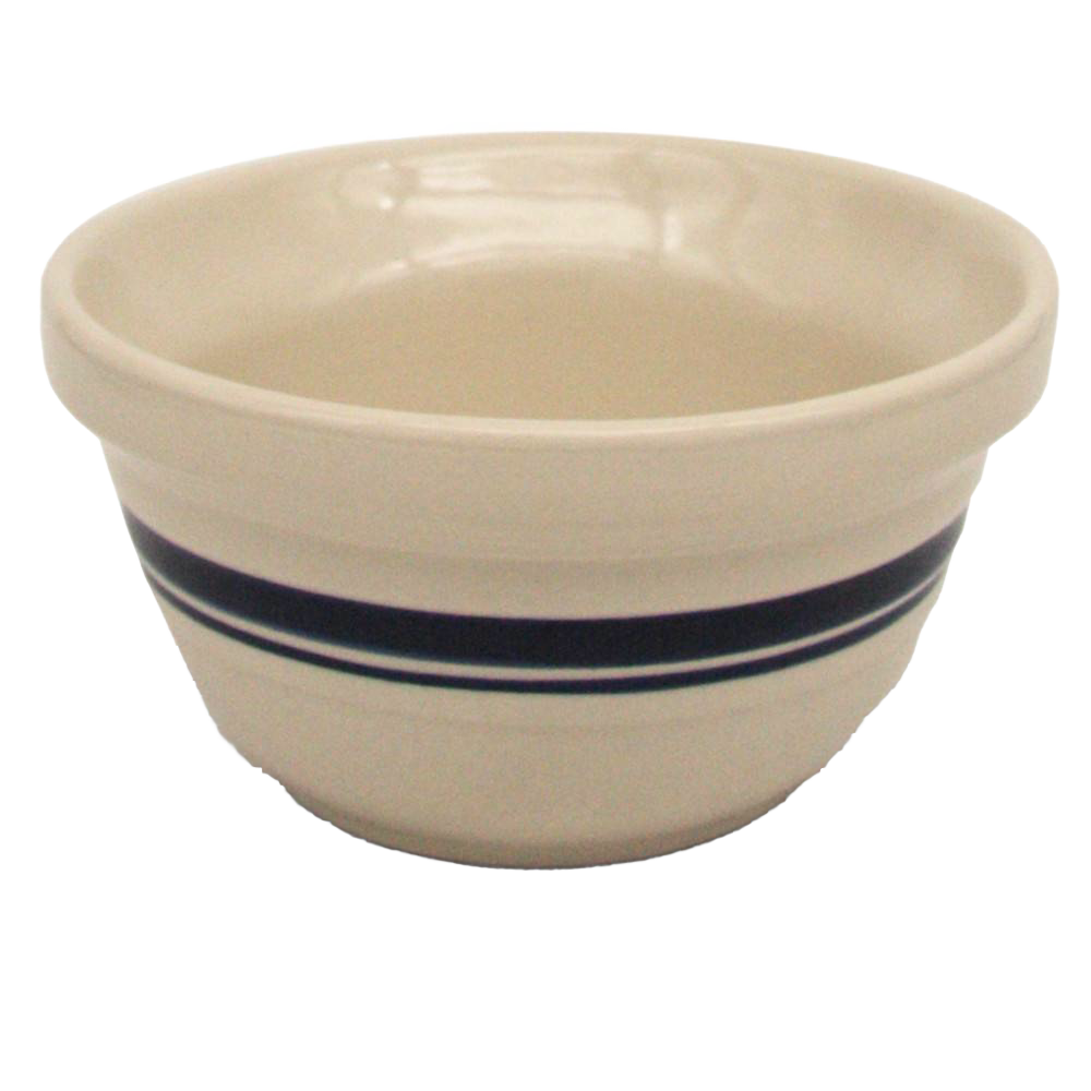 Cream-colored stoneware mixing bowl with blue and black stripes, sturdy and handcrafted in the USA, ideal for Kitchen & Food, Cookware, Baking Supplies, and Storage collections.