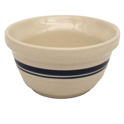 Cream-colored stoneware mixing bowl with blue and black stripes, sturdy and handcrafted in the USA, ideal for Kitchen & Food, Cookware, Baking Supplies, and Storage collections.