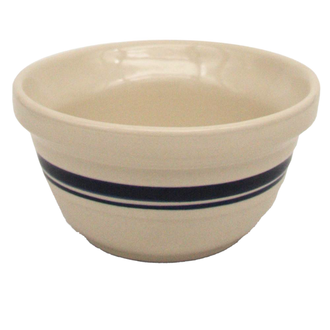 Cream-colored stoneware mixing bowl with blue and black stripes, sturdy and handcrafted in the USA, ideal for Kitchen & Food, Cookware, Baking Supplies, and Storage collections.