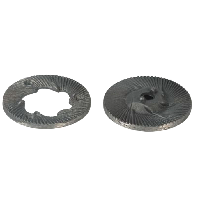 Two hardened iron alloy grinding plates designed for fine and consistent milling, crafted for use with grain mills, ideal for Kitchen & Food, Grain Mills, Best Sellers, and Bread Making Supplies collections.