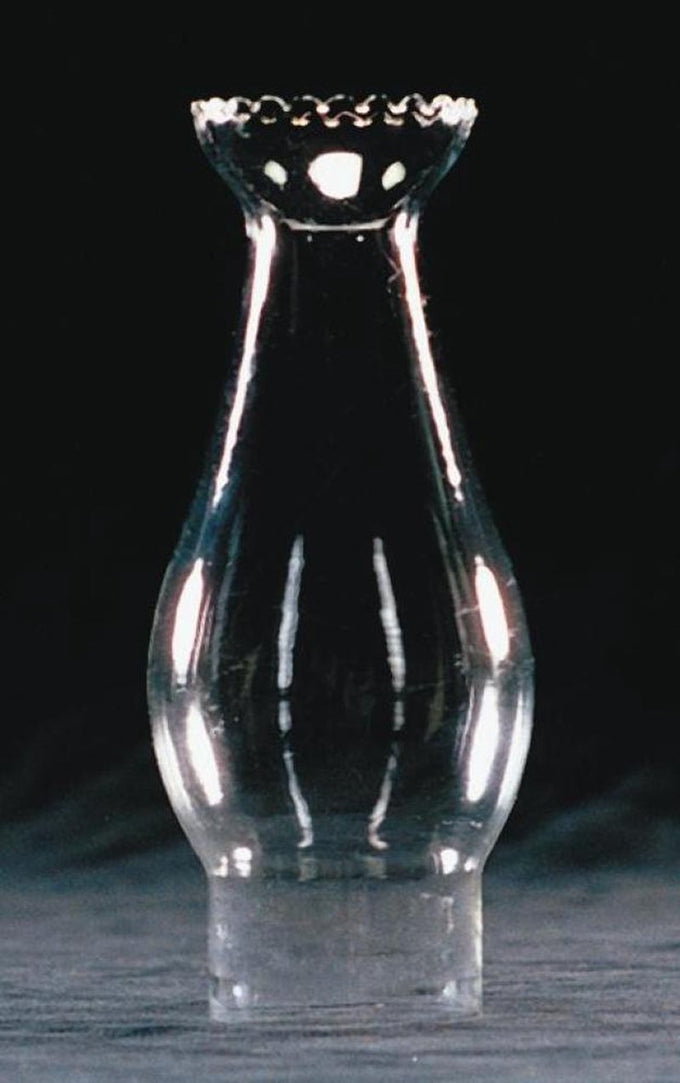 Clear handcrafted glass oil lamp chimney with a 2-inch base and crimped top, designed for Lamps & Lighting, Parts and Accessories, and Chimneys and Globes collections.