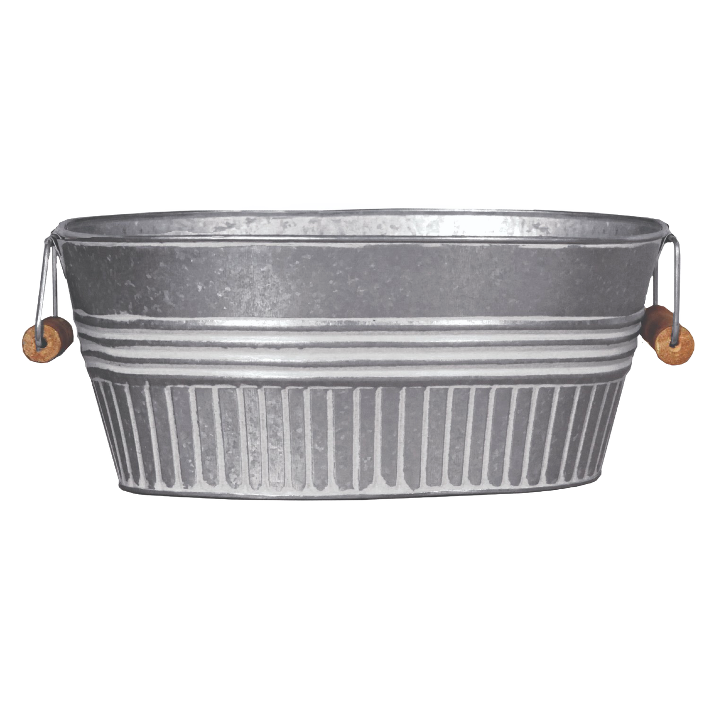 Galvanized basin planter with a rustic whitewash finish and wooden grip handles, featuring drainage holes, perfect for Farm, Garden & Tool, Garden Accessories, Seeds and Planting, and Best Sellers collections.