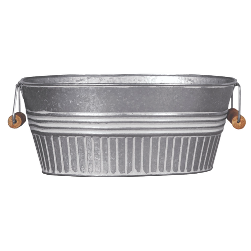 Galvanized basin planter with a rustic whitewash finish and wooden grip handles, featuring drainage holes, perfect for Farm, Garden & Tool, Garden Accessories, Seeds and Planting, and Best Sellers collections.