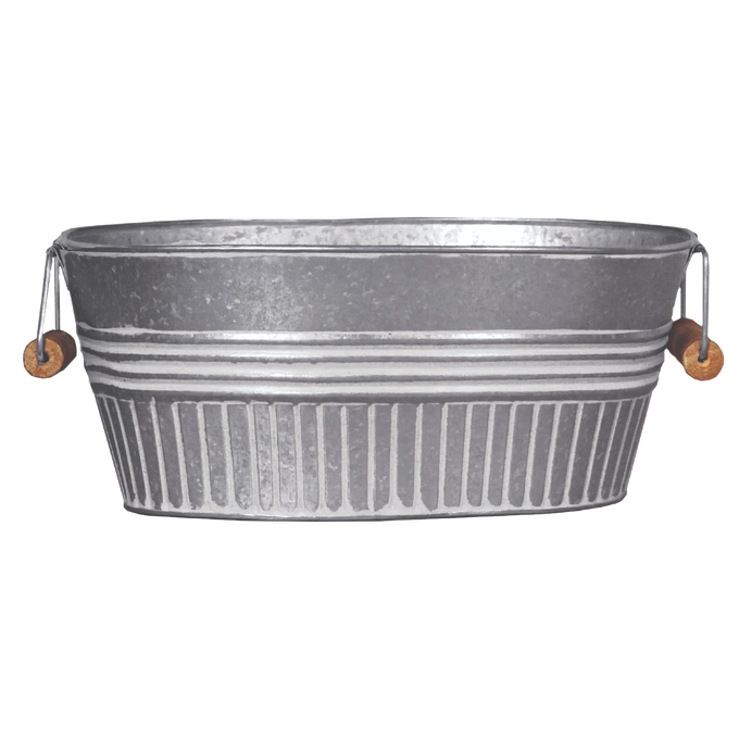 Galvanized basin planter with a rustic whitewash finish and wooden grip handles, featuring drainage holes, perfect for Farm, Garden & Tool, Garden Accessories, Seeds and Planting, and Best Sellers collections.