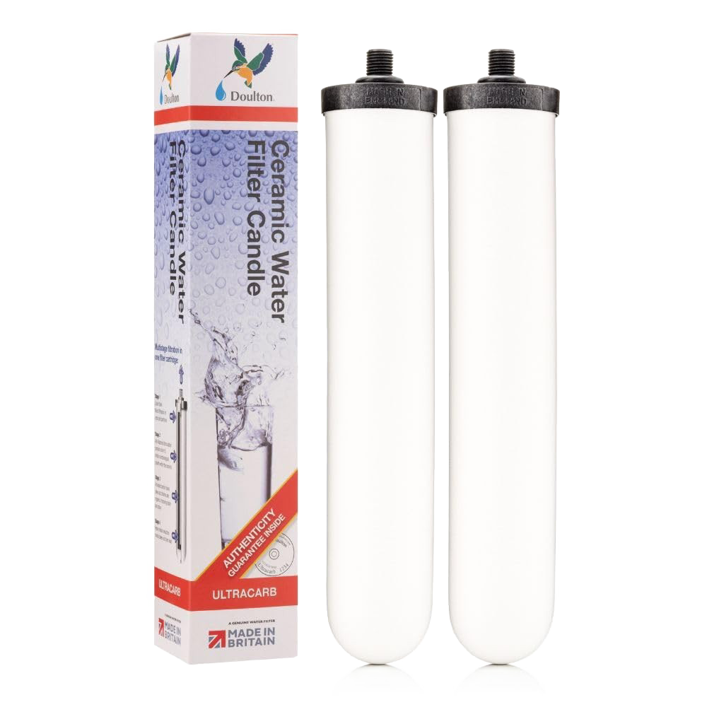 Pair of ceramic water filter cartridges with activated carbon core for Doulton systems, offering sustainable water filtration, featured in Appliances, Emergency Supplies, and Best Sellers collections.