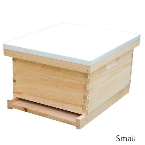 Natural wood 10-frame beehive box with a white cover and bottom board, showcasing handcrafted Amish construction ideal for Farm, Garden & Tool, Beekeeping Supplies, and Promo Eligible collections.