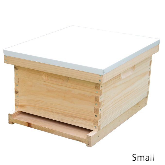 Natural wood 10-frame beehive box with a white cover and bottom board, showcasing handcrafted Amish construction ideal for Farm, Garden & Tool, Beekeeping Supplies, and Promo Eligible collections.