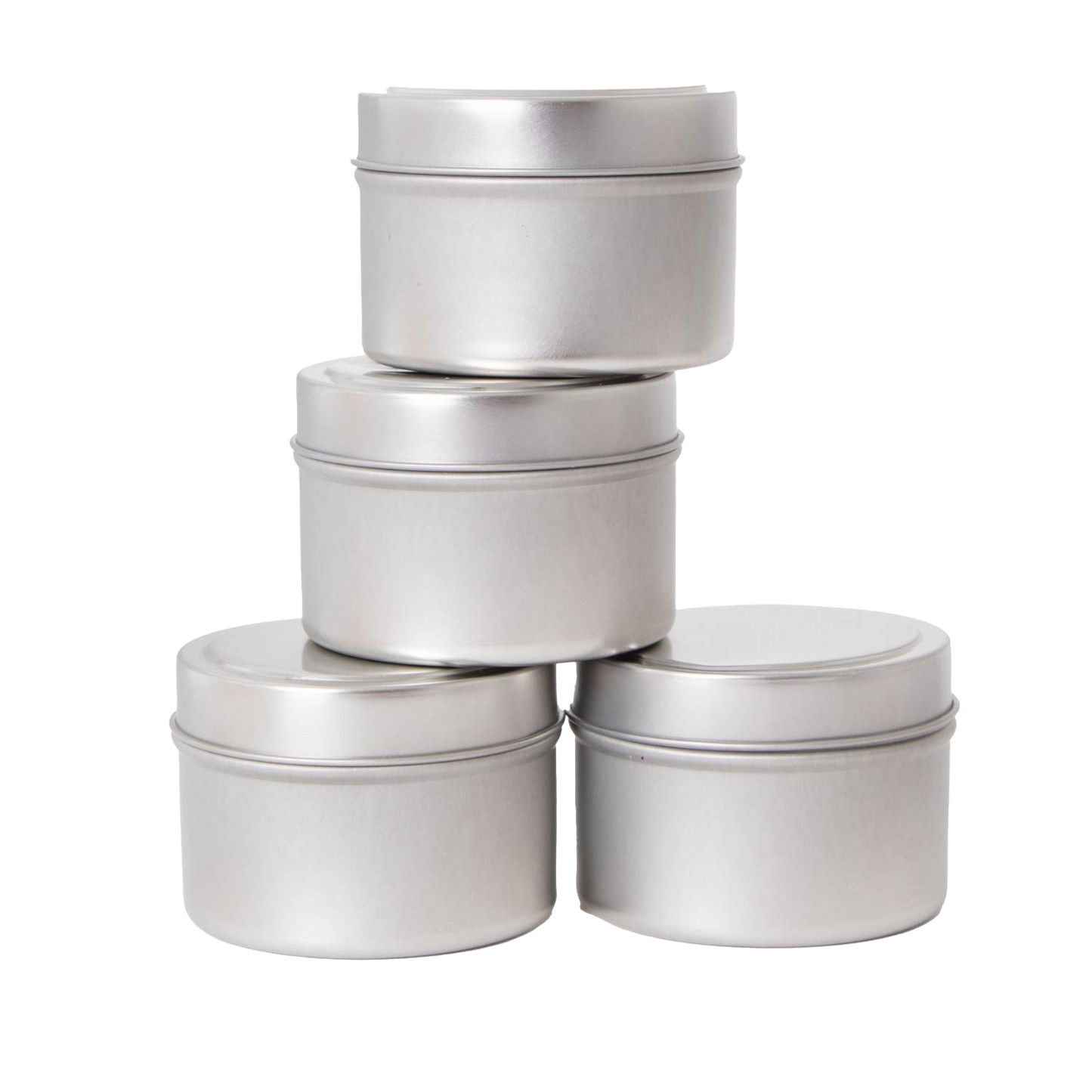 Set of four matte silver metal candle tins with lids, crafted for handmade soy candle storage and ideal for use in Lamps & Lighting, Candles and Candlemaking, and Candlemaking Supplies collections.