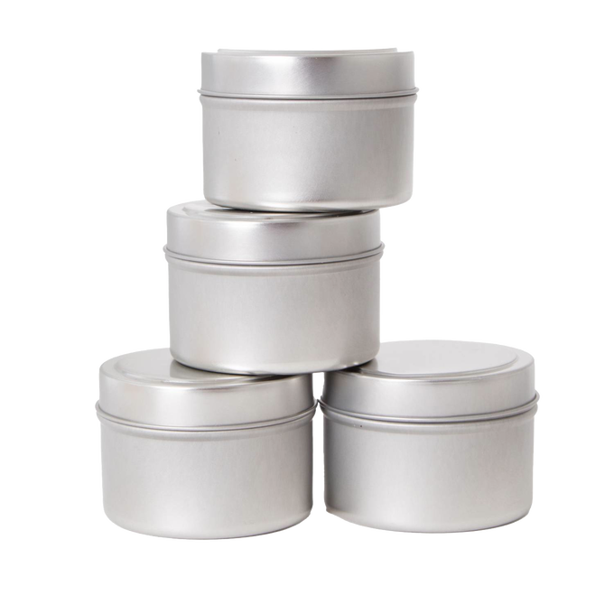 Set of four matte silver metal candle tins with lids, crafted for handmade soy candle storage and ideal for use in Lamps & Lighting, Candles and Candlemaking, and Candlemaking Supplies collections.