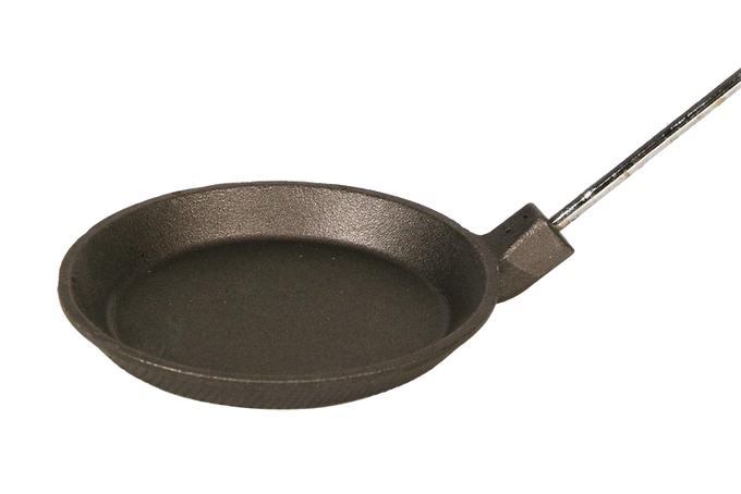 Cast iron skillet with a long metal handle designed for safe campfire cooking, handcrafted for durability and ideal for outdoor meals in Farm, Garden & Tool, Camping, Best Sellers collections.