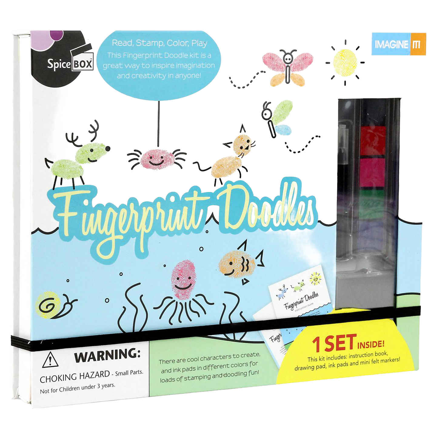 SpiceBox Fingerprint Doodles Art Kit packaging showing colorful ink pads, markers, and playful fingerprint character examples, encouraging creativity in Kids, Arts and Crafts, and Children's Toys collections.