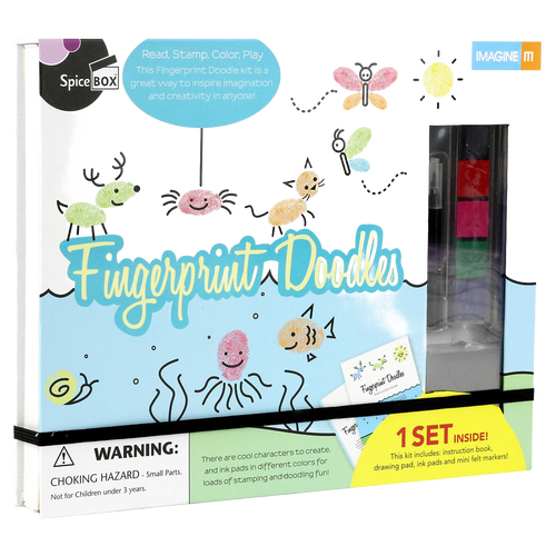 SpiceBox Fingerprint Doodles Art Kit packaging showing colorful ink pads, markers, and playful fingerprint character examples, encouraging creativity in Kids, Arts and Crafts, and Children's Toys collections.