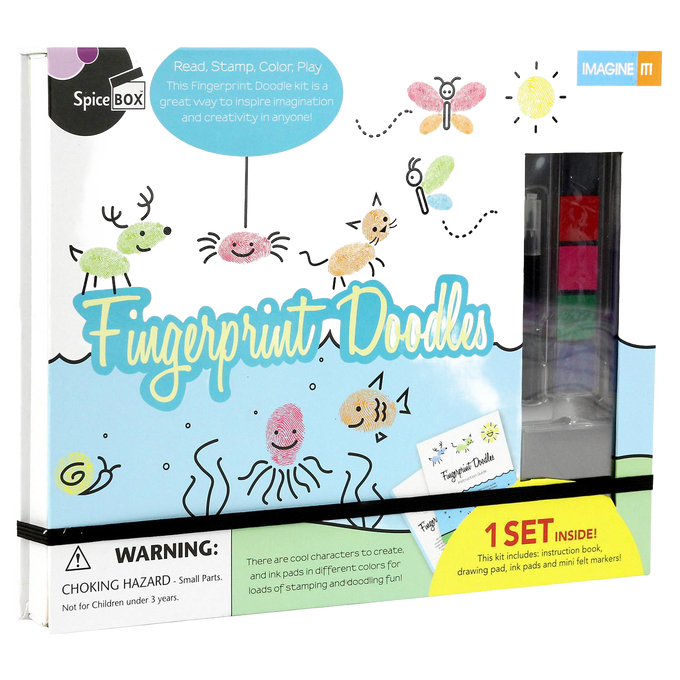 SpiceBox Fingerprint Doodles Art Kit packaging showing colorful ink pads, markers, and playful fingerprint character examples, encouraging creativity in Kids, Arts and Crafts, and Children's Toys collections.