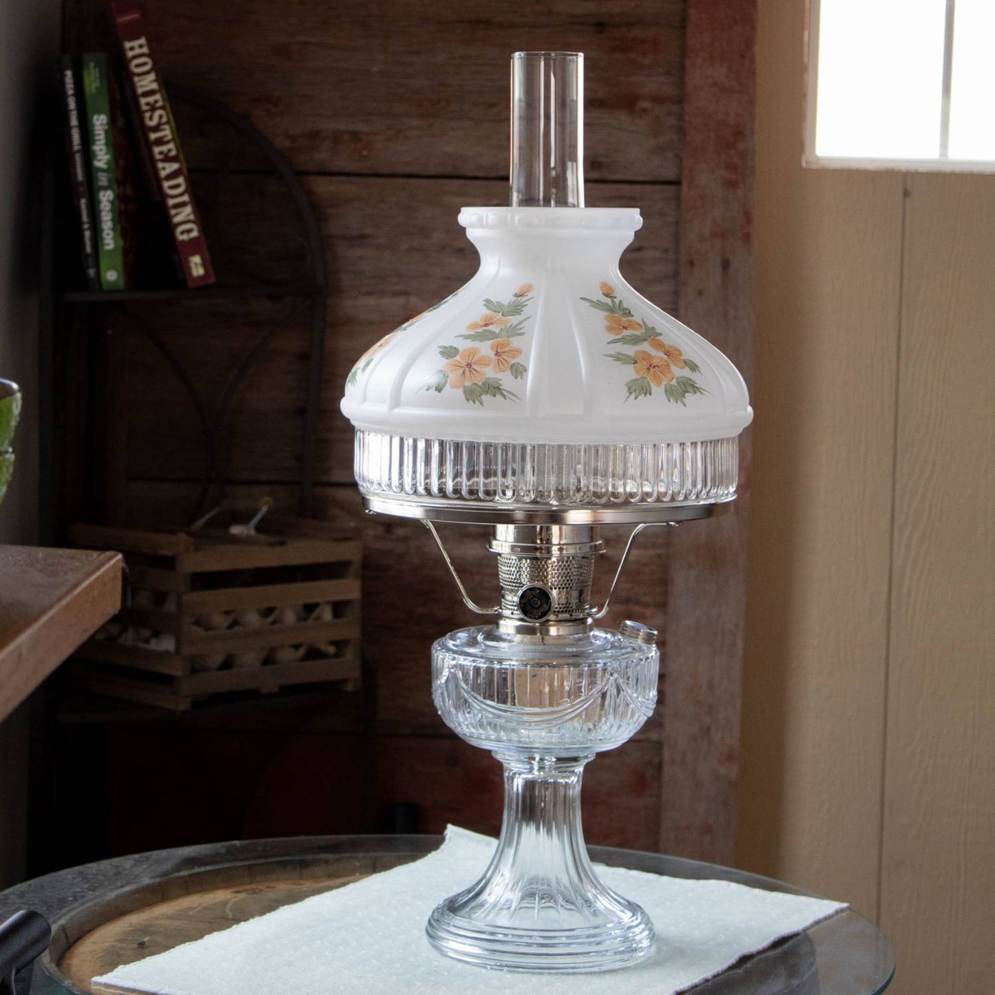 Vintage-style glass oil lamp with a hand-molded shade featuring delicate buttercup floral patterns, perfect for lamps with 10-inch Aladdin shade rings in Lamps & Lighting and Best Sellers.