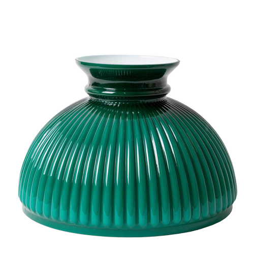 Green ribbed glass oil lamp shade with a glossy finish, designed to add a warm, diffused light and rustic charm, perfect for homesteading and lamps & lighting collections.