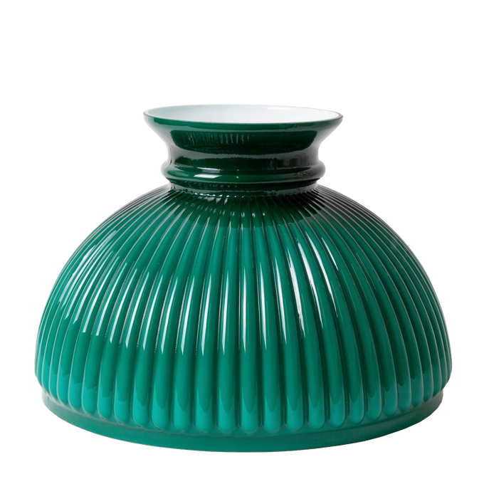 Green ribbed glass oil lamp shade with a glossy finish, designed to add a warm, diffused light and rustic charm, perfect for homesteading and lamps & lighting collections.