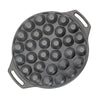 Round cast iron pan with 30 shallow molds for making Dutch mini pancakes, featuring two handles for safe use, suitable for camping, kitchen, and outdoor cooking collections.
