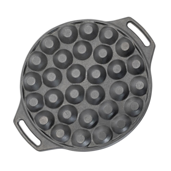 Round cast iron pan with 30 shallow molds for making Dutch mini pancakes, featuring two handles for safe use, suitable for camping, kitchen, and outdoor cooking collections.