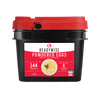 Black plastic bucket with a red lid containing freeze-dried powdered eggs, featuring a label highlighting 144 servings and 24 pouches, ideal for emergency supplies and camping collections.