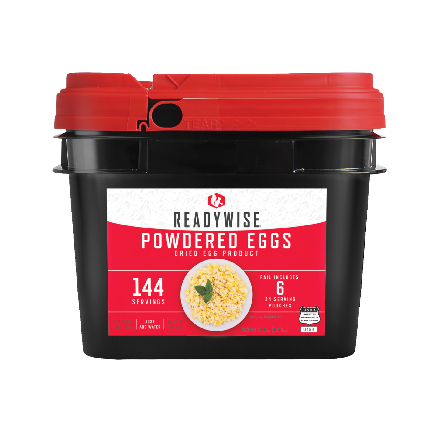 Black plastic bucket with a red lid containing freeze-dried powdered eggs, featuring a label highlighting 144 servings and 24 pouches, ideal for emergency supplies and camping collections.
