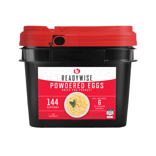 Black plastic bucket with a red lid containing freeze-dried powdered eggs, featuring a label highlighting 144 servings and 24 pouches, ideal for emergency supplies and camping collections.