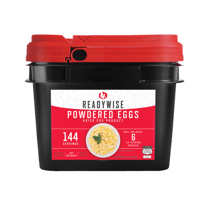 Black plastic bucket with a red lid containing freeze-dried powdered eggs, featuring a label highlighting 144 servings and 24 pouches, ideal for emergency supplies and camping collections.