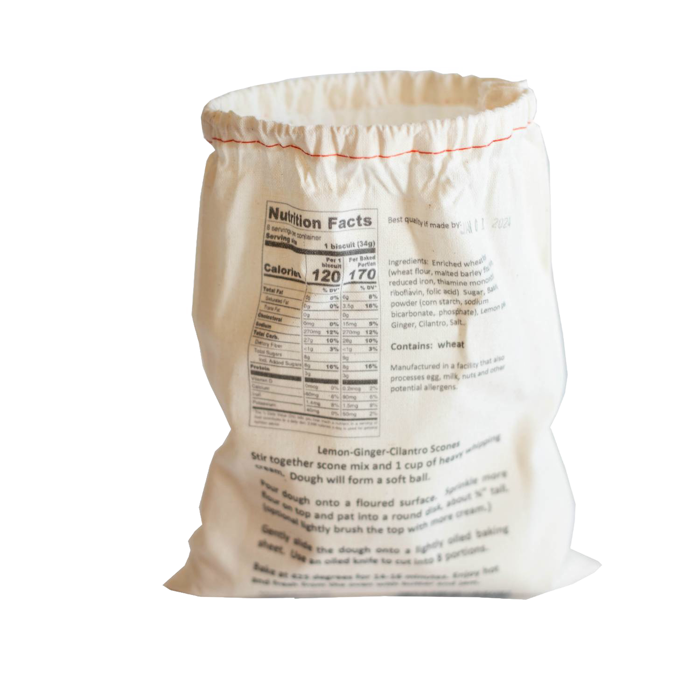 Cotton drawstring bag of handcrafted Lehman's scone mix in lemon-ginger-cilantro flavor with printed nutrition facts and baking instructions, ideal for Kitchen & Food, Pantry, Dry Goods and Mixes, Best Sellers, Promo Eligible collections.