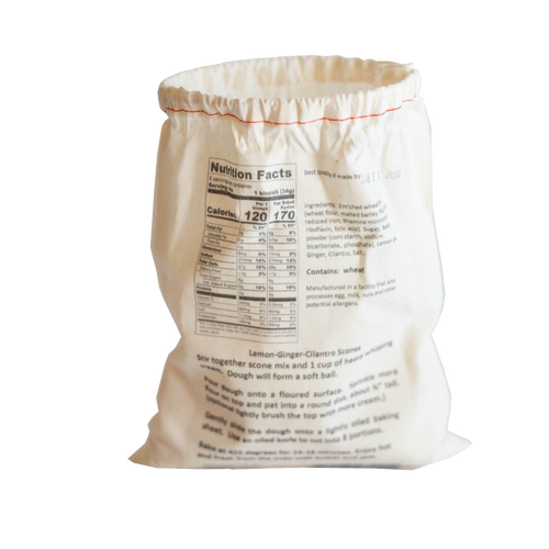 Cotton drawstring bag of handcrafted Lehman's scone mix in lemon-ginger-cilantro flavor with printed nutrition facts and baking instructions, ideal for Kitchen & Food, Pantry, Dry Goods and Mixes, Best Sellers, Promo Eligible collections.