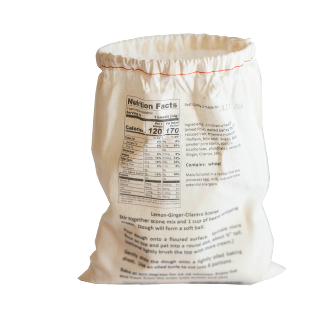 Cotton drawstring bag of handcrafted Lehman's scone mix in lemon-ginger-cilantro flavor with printed nutrition facts and baking instructions, ideal for Kitchen & Food, Pantry, Dry Goods and Mixes, Best Sellers, Promo Eligible collections.