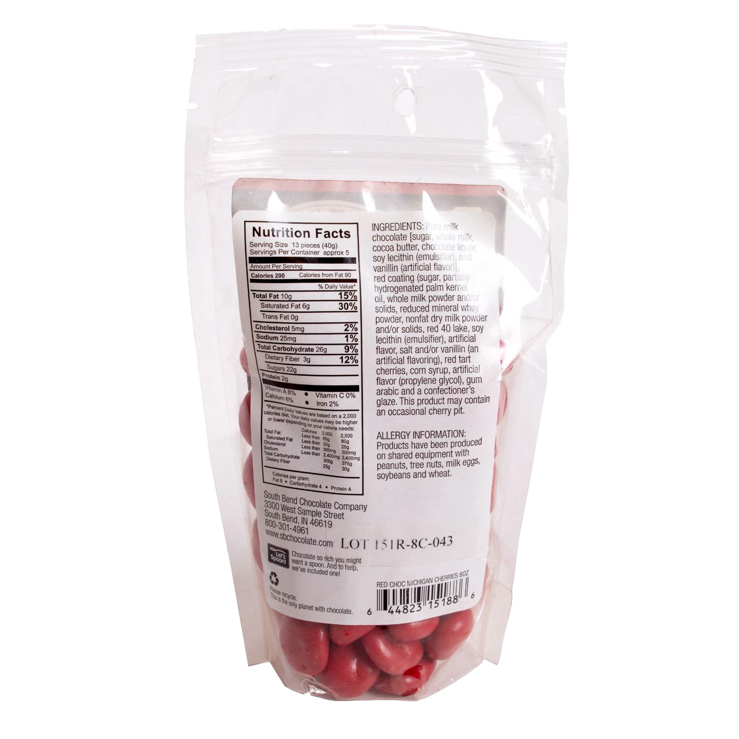 Rear view of a resealable 8-ounce bag containing red chocolate covered cherries, featuring nutrition facts and ingredients panel; ideal for Kitchen & Food, Snacks and Sweets, Candy, USA Made, and Best Sellers collections.