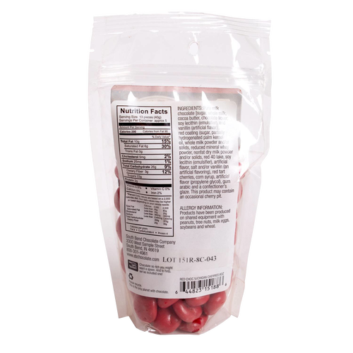 Rear view of a resealable 8-ounce bag containing red chocolate covered cherries, featuring nutrition facts and ingredients panel; ideal for Kitchen & Food, Snacks and Sweets, Candy, USA Made, and Best Sellers collections.