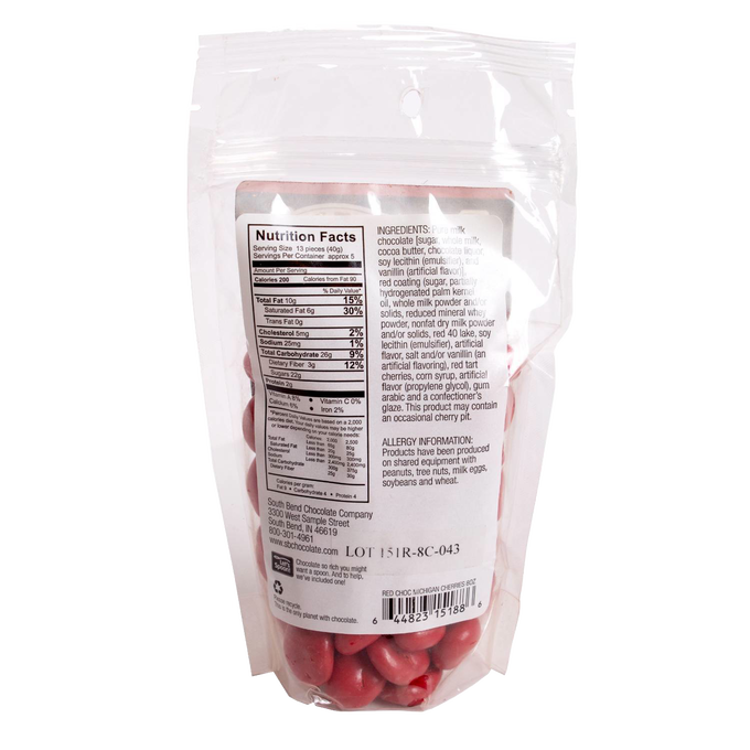 Rear view of a resealable 8-ounce bag containing red chocolate covered cherries, featuring nutrition facts and ingredients panel; ideal for Kitchen & Food, Snacks and Sweets, Candy, USA Made, and Best Sellers collections.