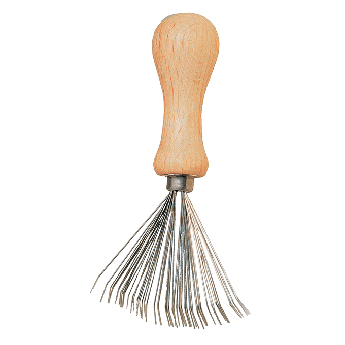 Oiled beechwood handled comb and brush cleaner with flexible wire tines, handcrafted in Germany, featured in Health & Wellness, Grooming and Personal Hygiene, Best Sellers, and Promo Eligible collections.