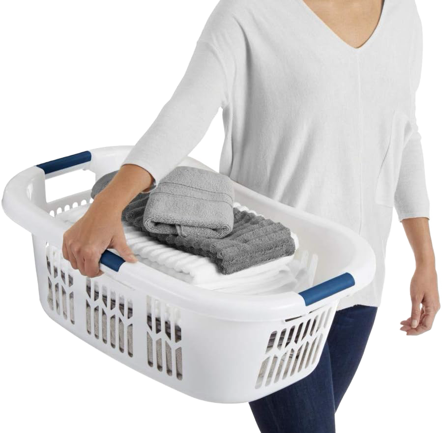 White plastic laundry basket with blue grip handles and ventilated sides, designed for comfortable and easy carrying of laundry, made in USA, featured in laundry supplies and home decor collections.