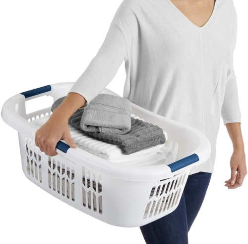 White plastic laundry basket with blue grip handles and ventilated sides, designed for comfortable and easy carrying of laundry, made in USA, featured in laundry supplies and home decor collections.