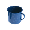 Royal blue porcelain enamelware giant mug with white speckled pattern, durable and weather resistant, ideal for camping, kitchen, dining, and farm use.
