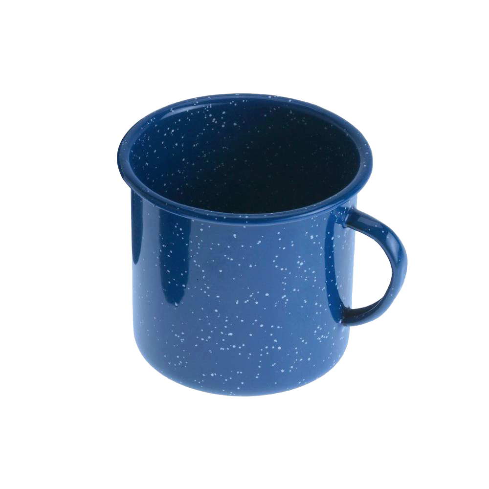 Royal blue porcelain enamelware giant mug with white speckled pattern, durable and weather resistant, ideal for camping, kitchen, dining, and farm use.