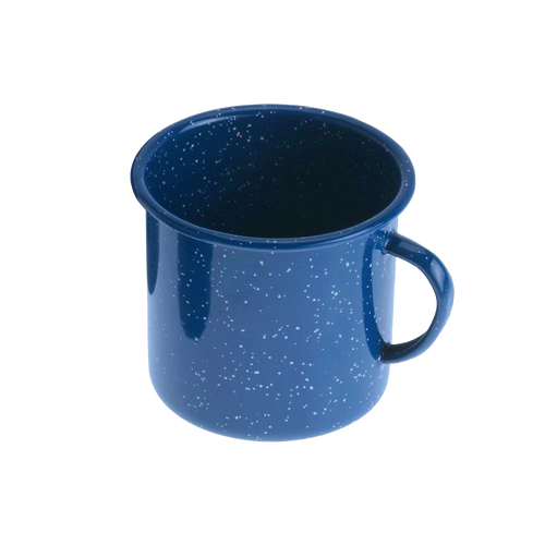 Royal blue porcelain enamelware giant mug with white speckled pattern, durable and weather resistant, ideal for camping, kitchen, dining, and farm use.