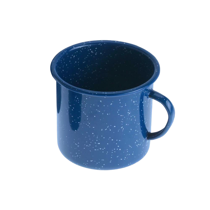 Royal blue porcelain enamelware giant mug with white speckled pattern, durable and weather resistant, ideal for camping, kitchen, dining, and farm use.