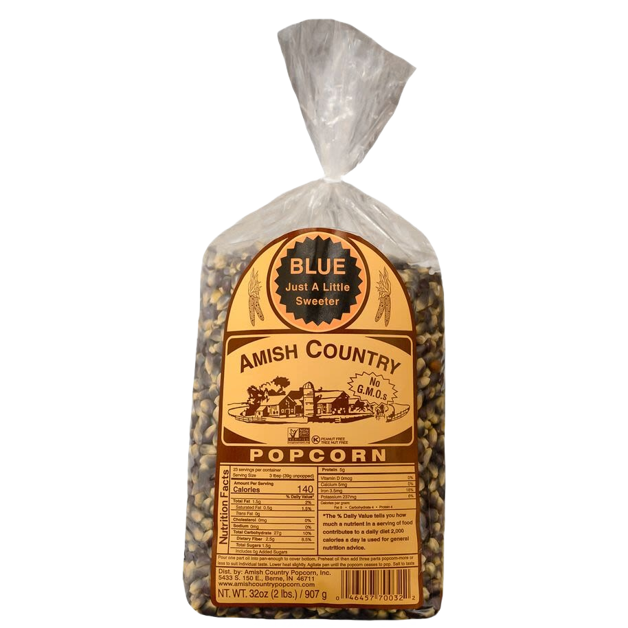 Clear plastic bag of blue popcorn kernels with an Old-fashioned Amish Country label highlighting natural drying and non-GMO, featured in Kitchen & Food, Snacks and Sweets, and USA Made collections.