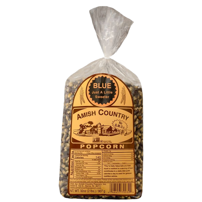 Clear plastic bag of blue popcorn kernels with an Old-fashioned Amish Country label highlighting natural drying and non-GMO, featured in Kitchen & Food, Snacks and Sweets, and USA Made collections.