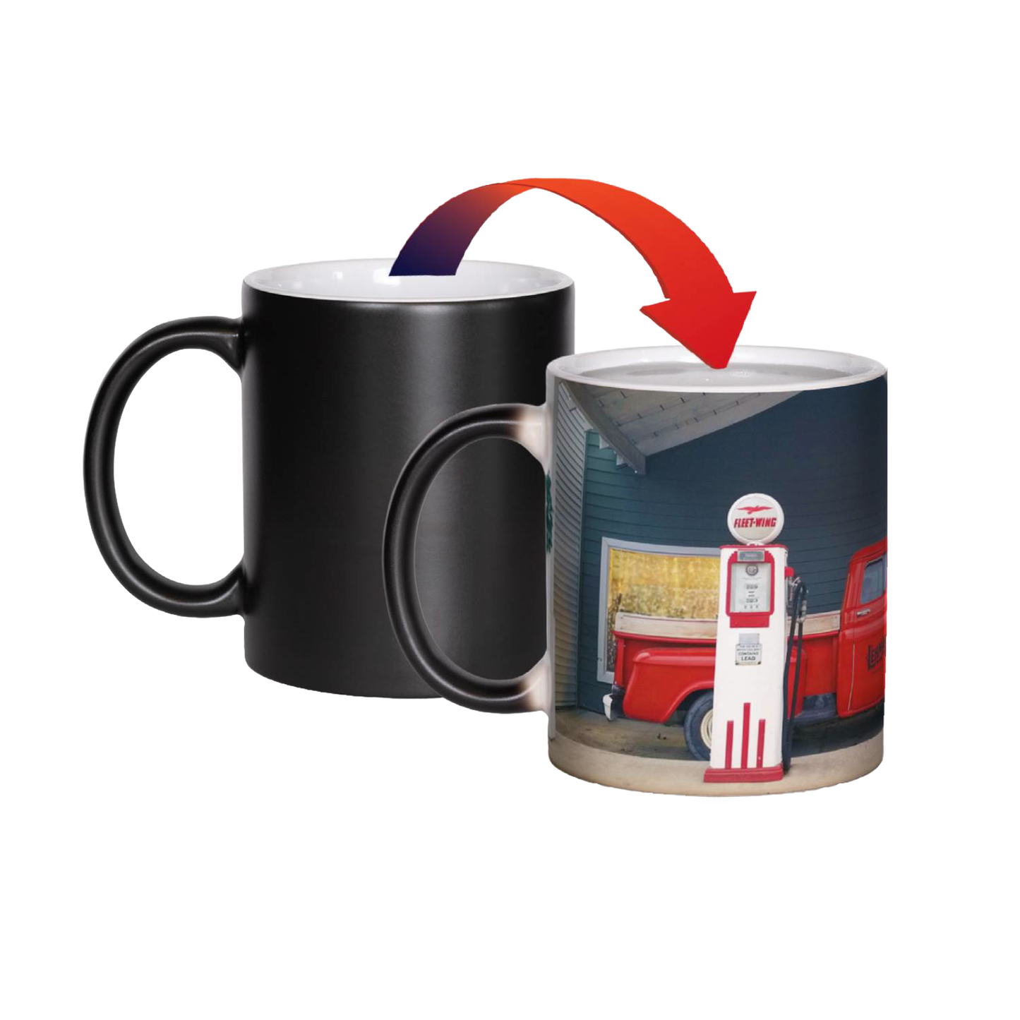 Ceramic color changing coffee mug revealing a vibrant vintage storefront image when filled with hot liquid, handcrafted in the USA, ideal for Kitchen & Food and Brewing Coffee and Tea collections.