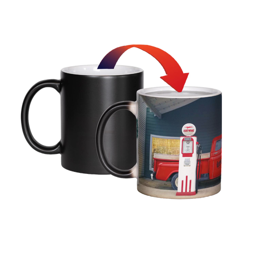 Ceramic color changing coffee mug revealing a vibrant vintage storefront image when filled with hot liquid, handcrafted in the USA, ideal for Kitchen & Food and Brewing Coffee and Tea collections.