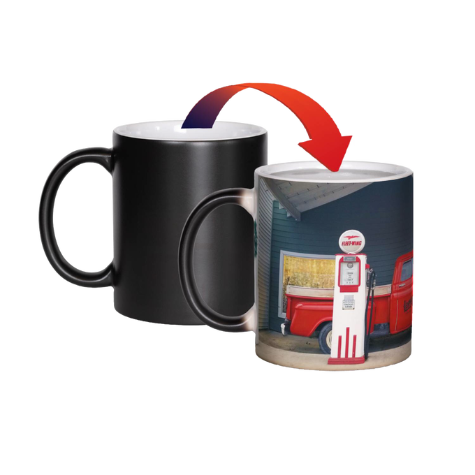 Ceramic color changing coffee mug revealing a vibrant vintage storefront image when filled with hot liquid, handcrafted in the USA, ideal for Kitchen & Food and Brewing Coffee and Tea collections.